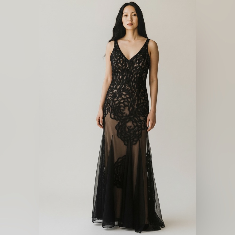 Sue Wong Black Lace Maxi Dress